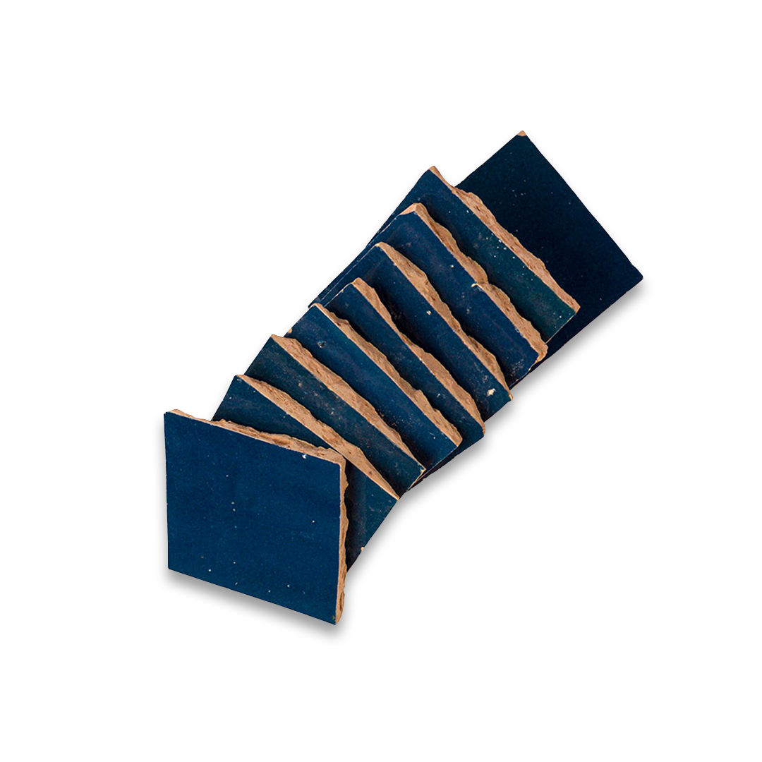 Set of blue coasters with brown stripes on a white background
