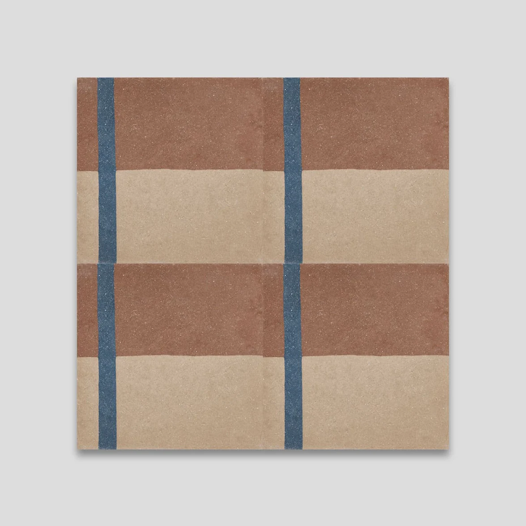 A geometric pattern with terracotta brown, beige, and a vertical blue stripe, ideal for modern flooring, wall accents, or minimalist interior decor.
