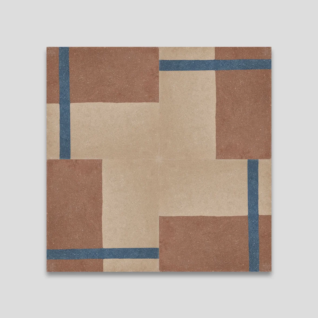 A geometric pattern with terracotta brown, beige, and a vertical blue stripe, ideal for modern flooring, wall accents, or minimalist interior decor.