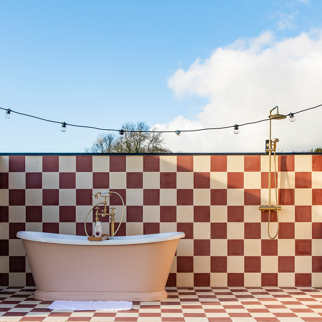 Square cement tile design in solid terracotta red with a smooth matte finish and subtle texture, ideal for rustic, Mediterranean, or contemporary flooring and wall applications.