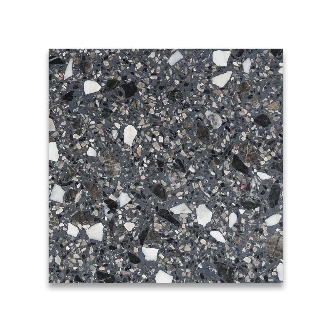 Terrazzo tile with a speckled pattern on a white background
