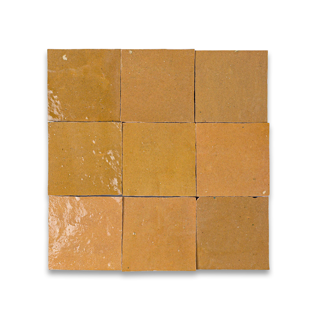 Nine square tiles of varying shades of brown on a white background