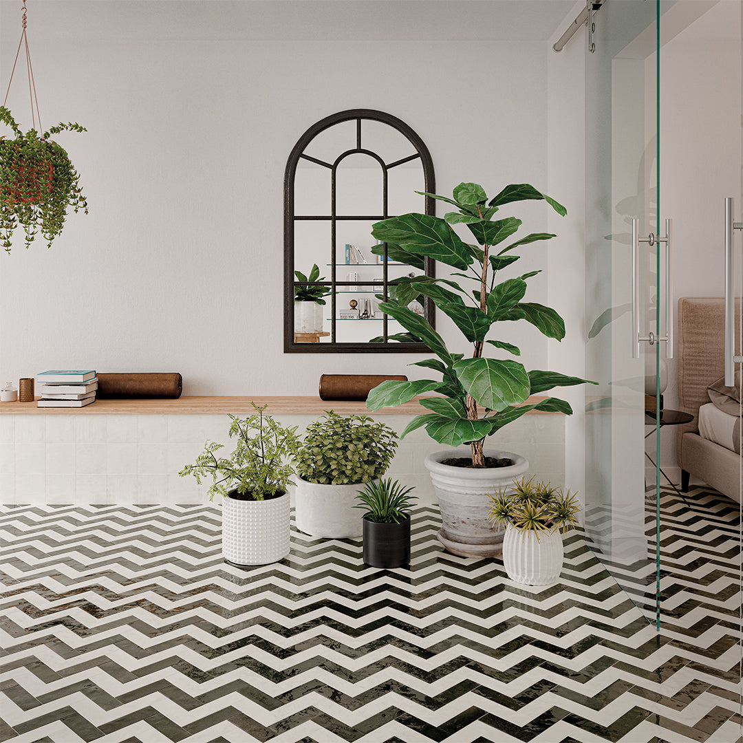 Modern interior with potted plants on a chevron-patterned floor