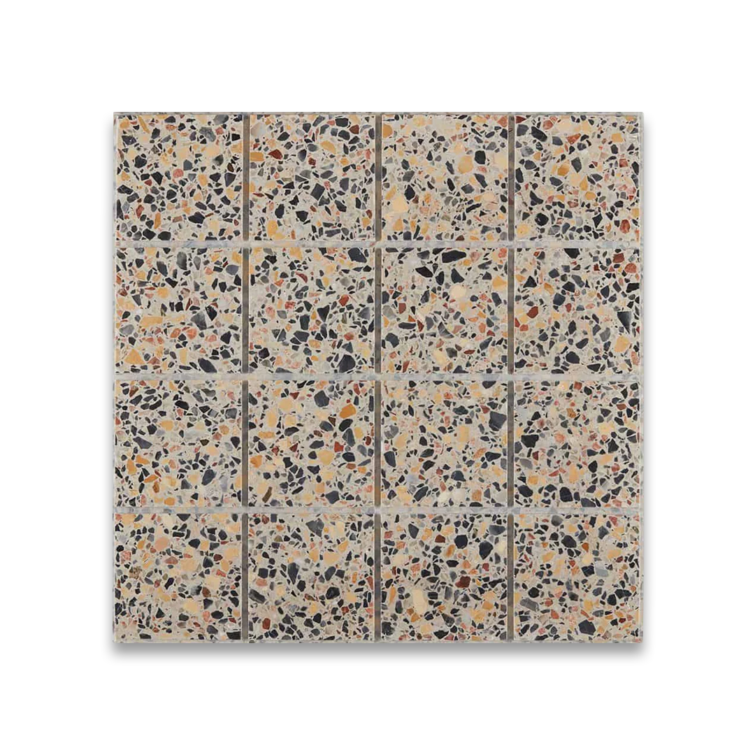Terrazzo-style tiles arranged in a grid pattern on a white background