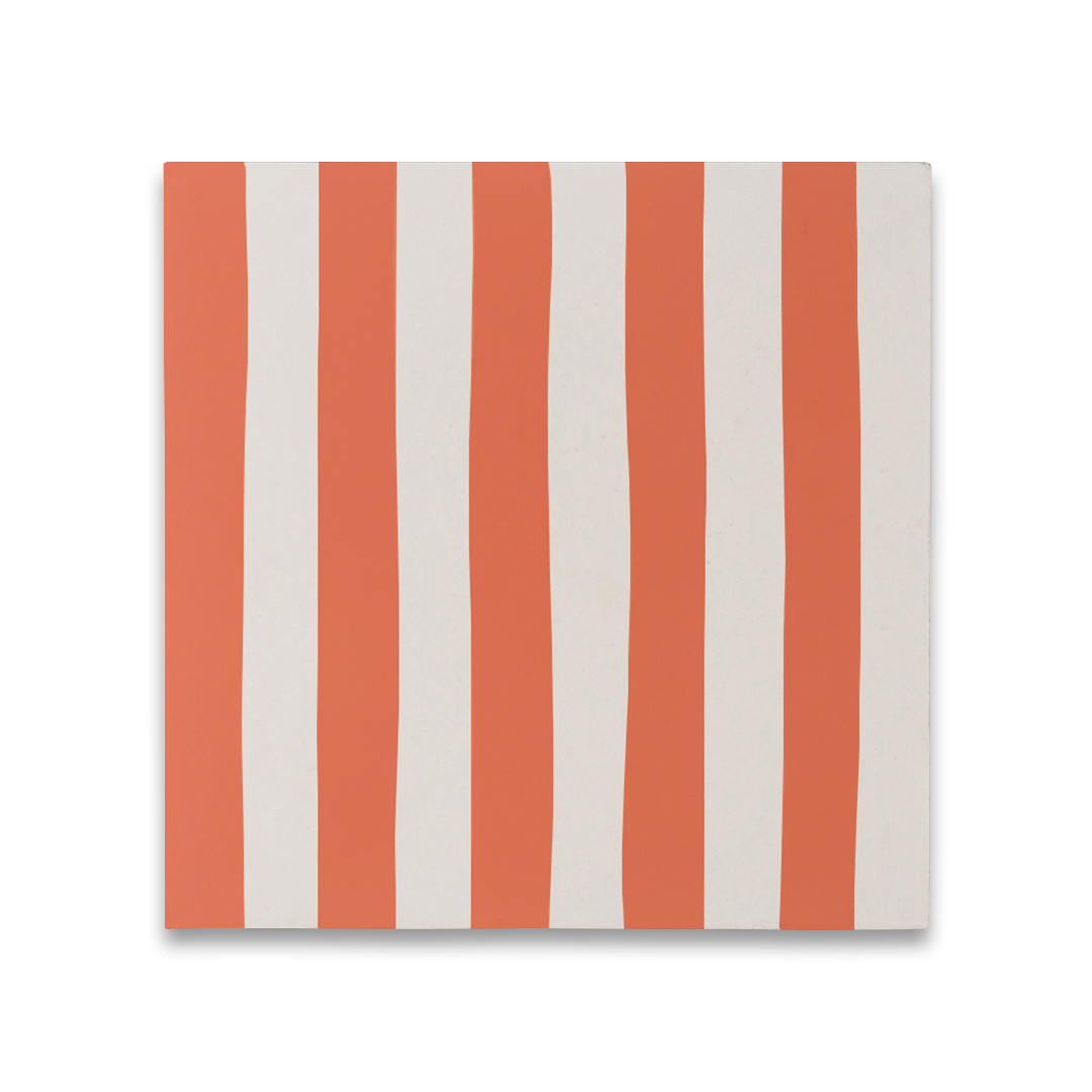 Square cement tile design featuring vertical wavy stripes in terracotta orange and off-white tones with a matte finish, ideal for modern flooring, wall decor, or Mediterranean-inspired interiors.