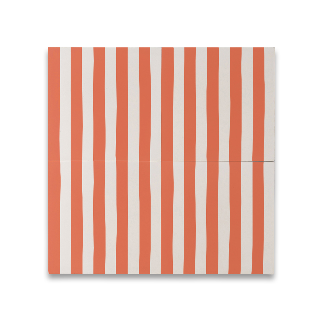 Square cement tile design featuring vertical wavy stripes in terracotta orange and off-white tones with a matte finish, ideal for modern flooring, wall decor, or Mediterranean-inspired interiors.