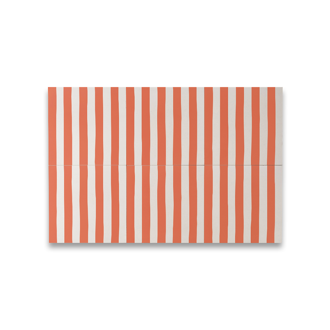 Square cement tile design featuring vertical wavy stripes in terracotta orange and off-white tones with a matte finish, ideal for modern flooring, wall decor, or Mediterranean-inspired interiors.
