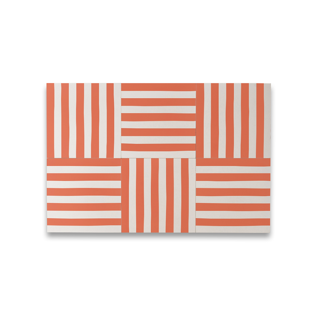 Square cement tile design featuring vertical wavy stripes in terracotta orange and off-white tones with a matte finish, ideal for modern flooring, wall decor, or Mediterranean-inspired interiors.