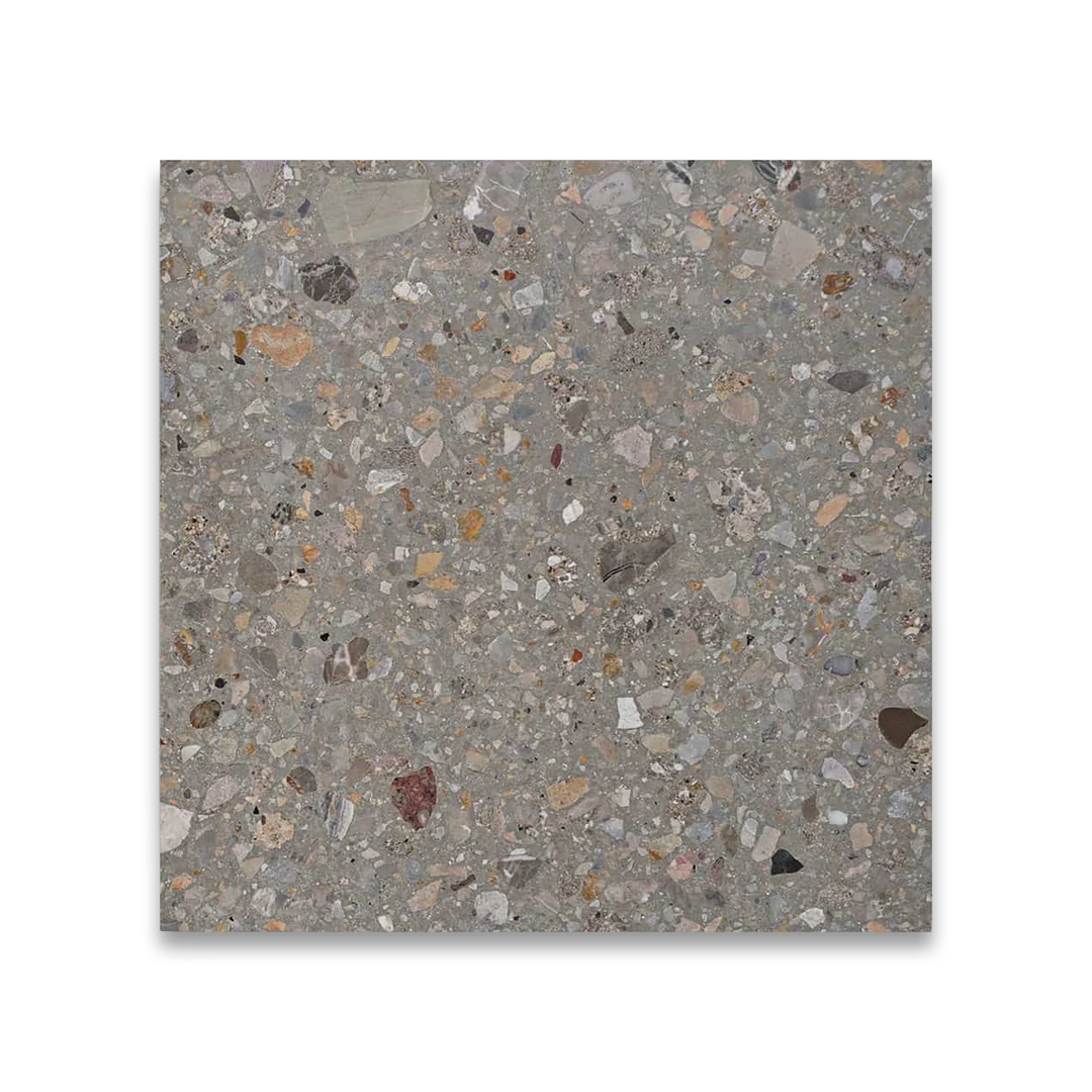 Terrazzo-style floor tile with a speckled pattern on a white background