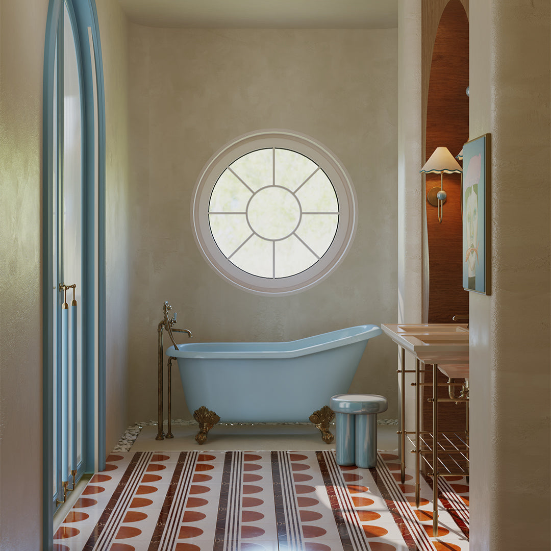 Bathroom with a freestanding bathtub, round stained glass window, and patterned floor.