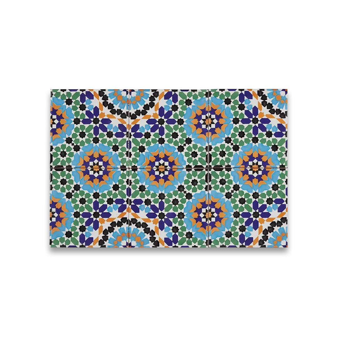 Decorative mat with a colorful geometric pattern on a white background