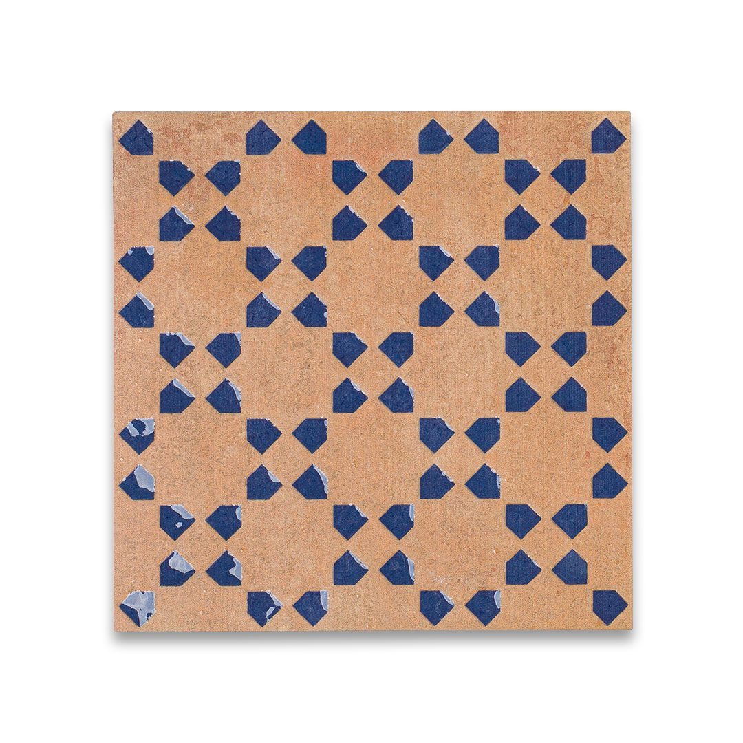 Square tile with a geometric pattern of blue shapes on a beige background