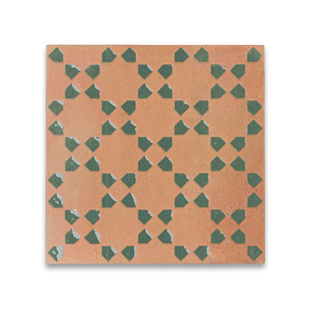 Square tile with a geometric pattern of green shapes on a brown background