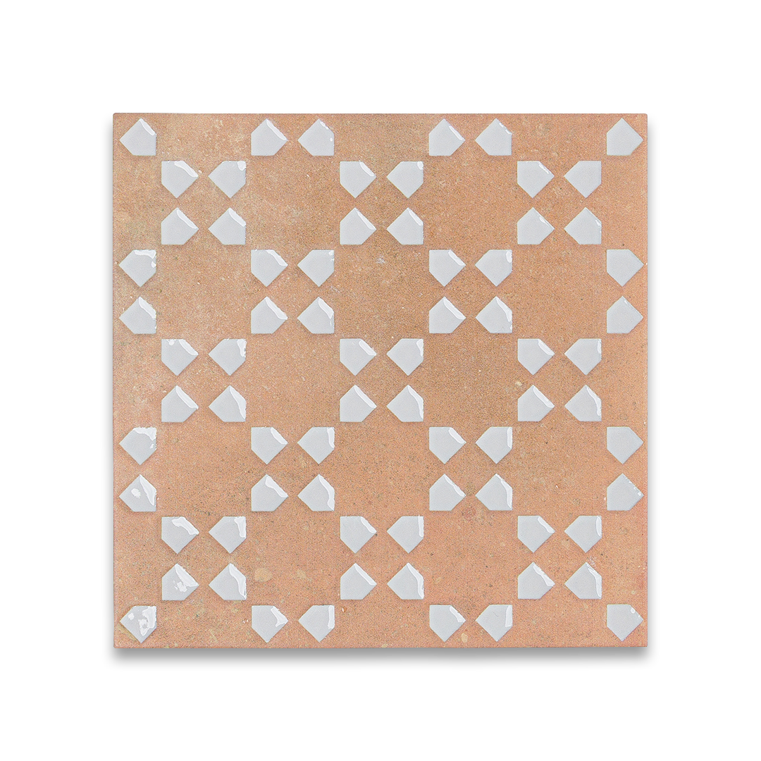Square tile with a geometric pattern of white triangles on a beige background