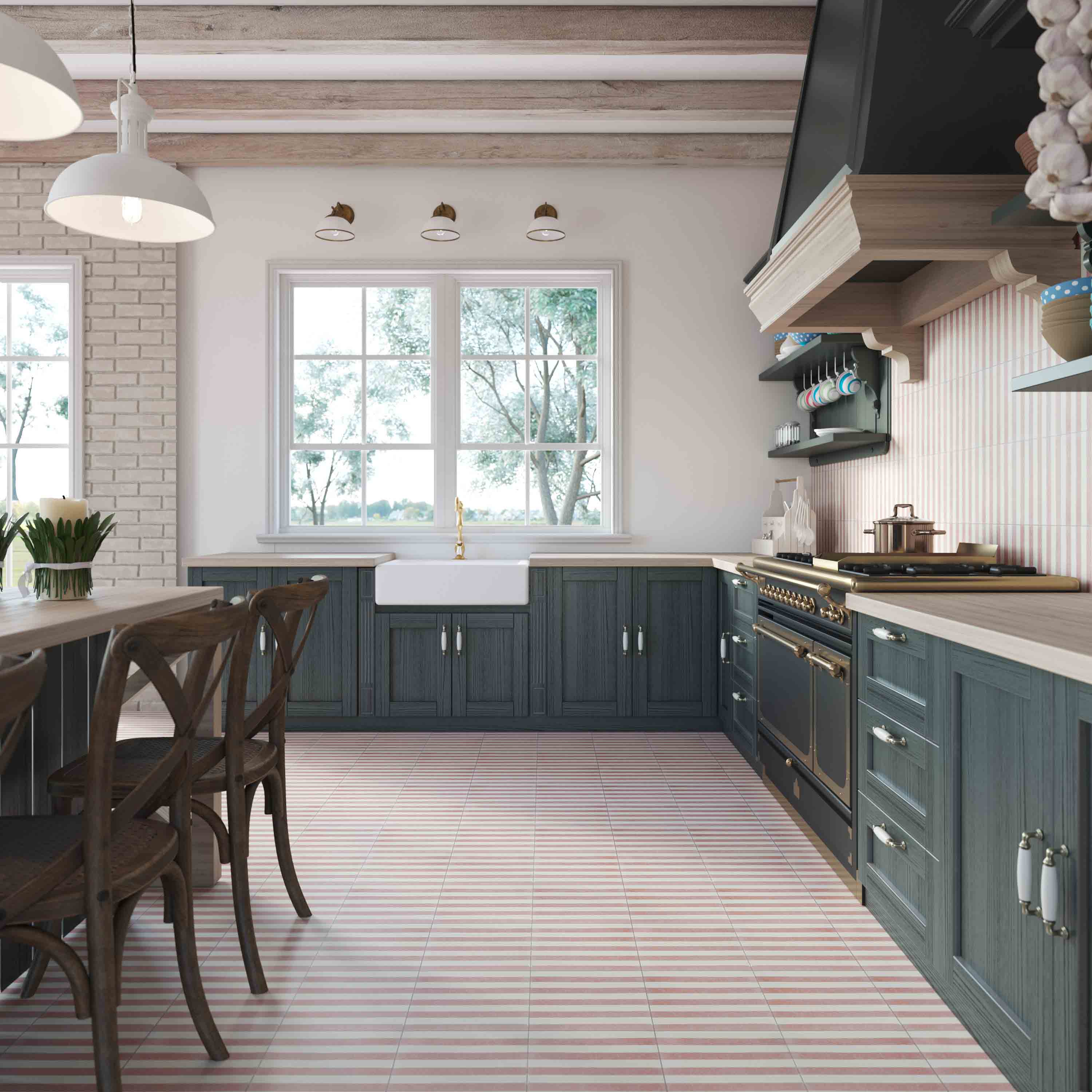 Square cement tile design featuring alternating blush pink and white vertical stripes with a smooth matte finish, ideal for modern flooring, wall cladding, or contemporary interior decor.