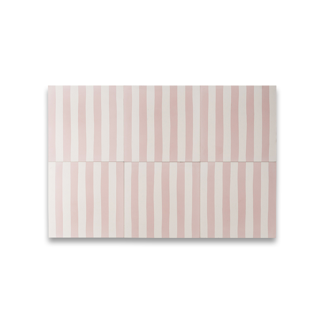 Square cement tile design featuring alternating blush pink and white vertical stripes with a smooth matte finish, ideal for modern flooring, wall cladding, or contemporary interior decor.