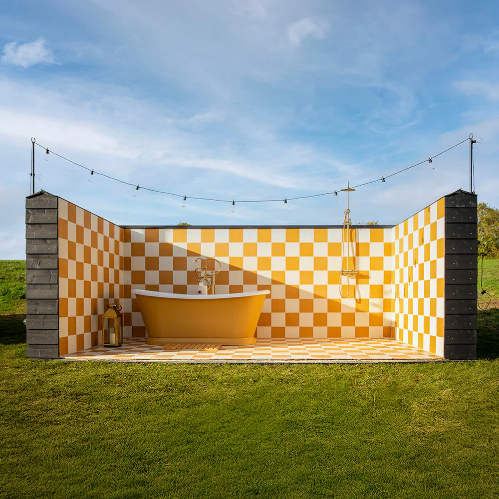 Dirty White and Mustard cement tile featuring a smooth matte off-white surface with subtle texture, ideal for minimalist interiors, modern flooring, and wall applications in contemporary residential and commercial spaces.