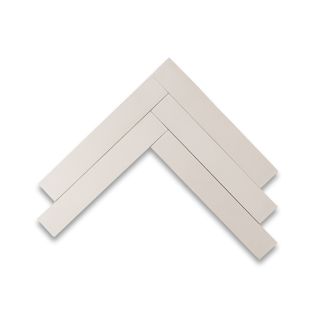 Polar Weave cement tile featuring a matte white herringbone pattern with clean linear texture, ideal for modern interiors, minimalist flooring, and wall applications in contemporary architectural spaces.