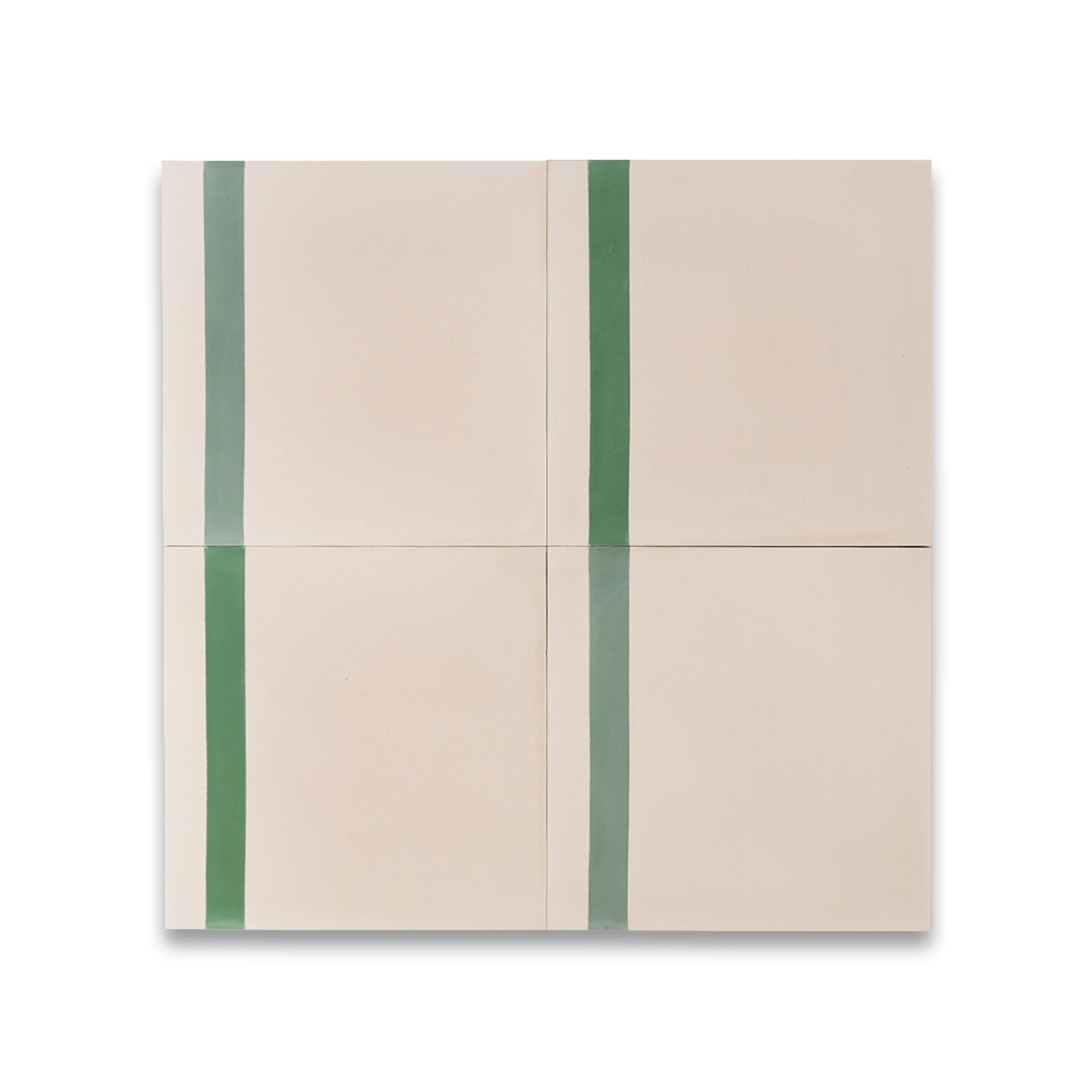 A decorative tile featuring a smooth soft beige background complemented by a bold green accent stripe, perfect for modern interior designs.