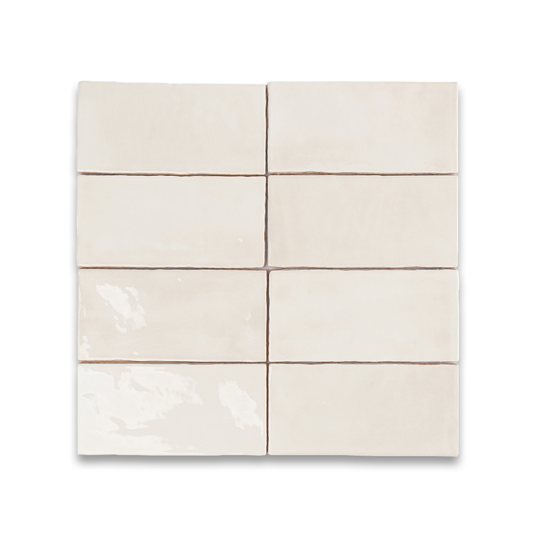Set of six beige ceramic tiles arranged in a grid pattern on a white background