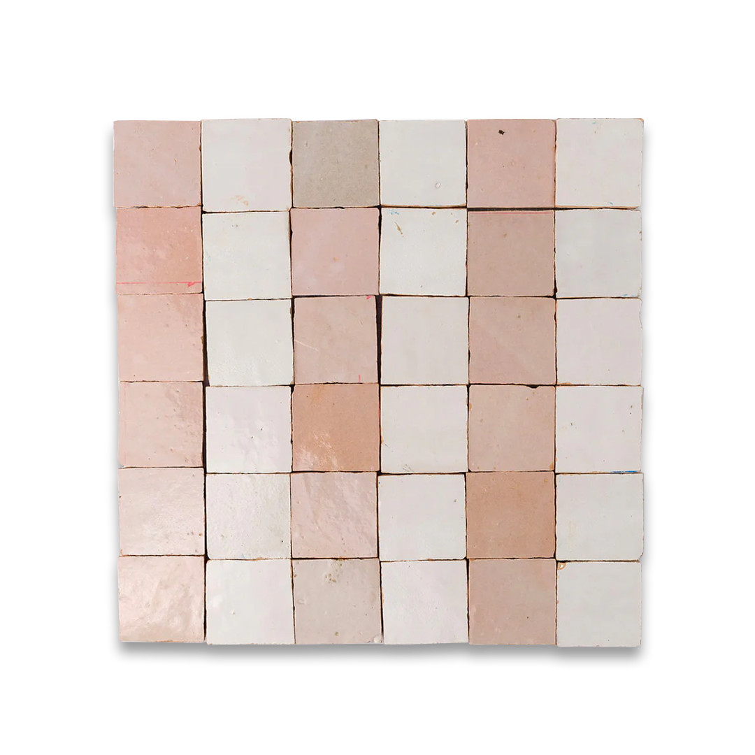 Square wall art piece made of interlocking wooden blocks in pastel colors on a white background
