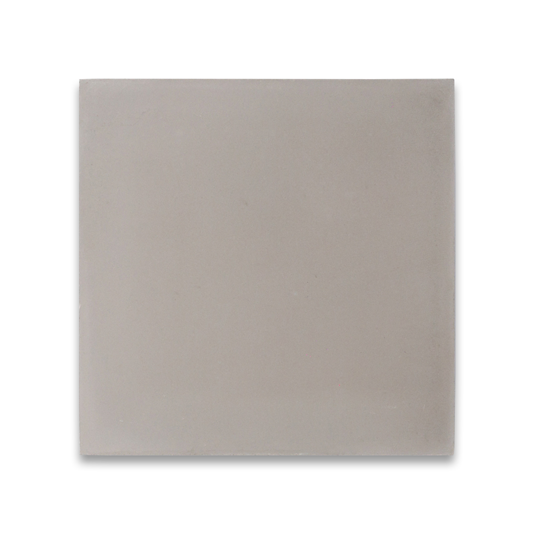 Square ceramic tile in light gray with smooth matte finish, minimalist design highlighted against black background.