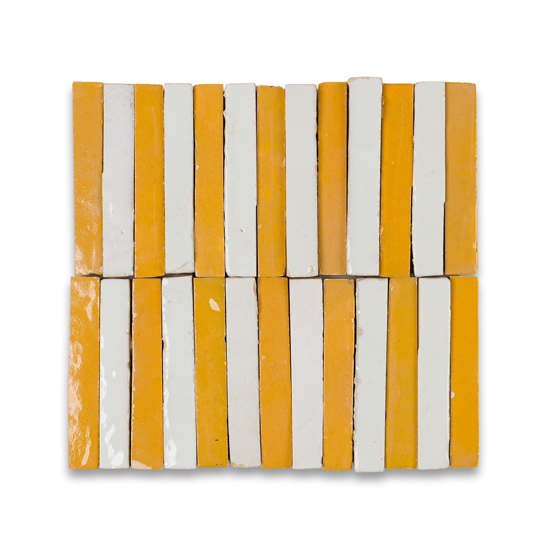 A yellow and white striped tile featuring alternating colors in a geometric pattern.