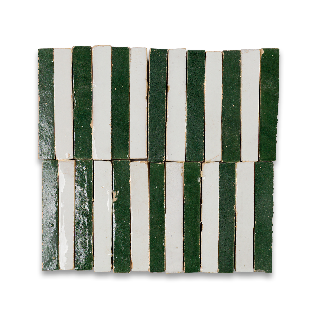 A green and white striped tile featuring alternating colors in a geometric pattern.