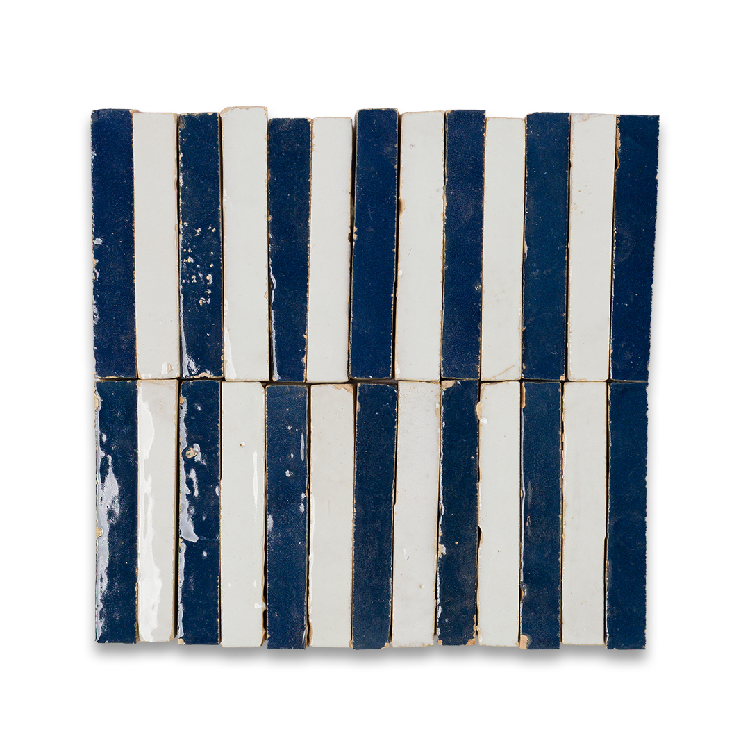 A blue and white striped tile featuring alternating colors in a geometric pattern.