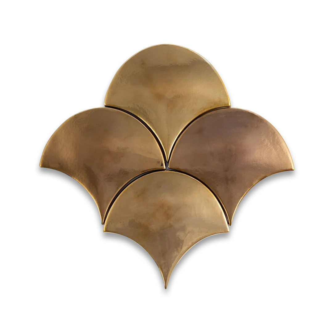 Decorative brass wall art with three curved panels on a white background