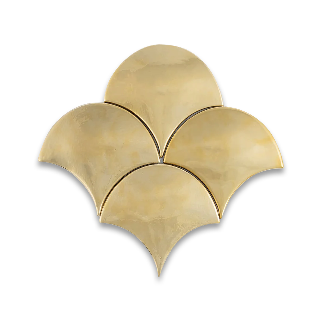 Gold decorative wall piece with three curved panels on a white background