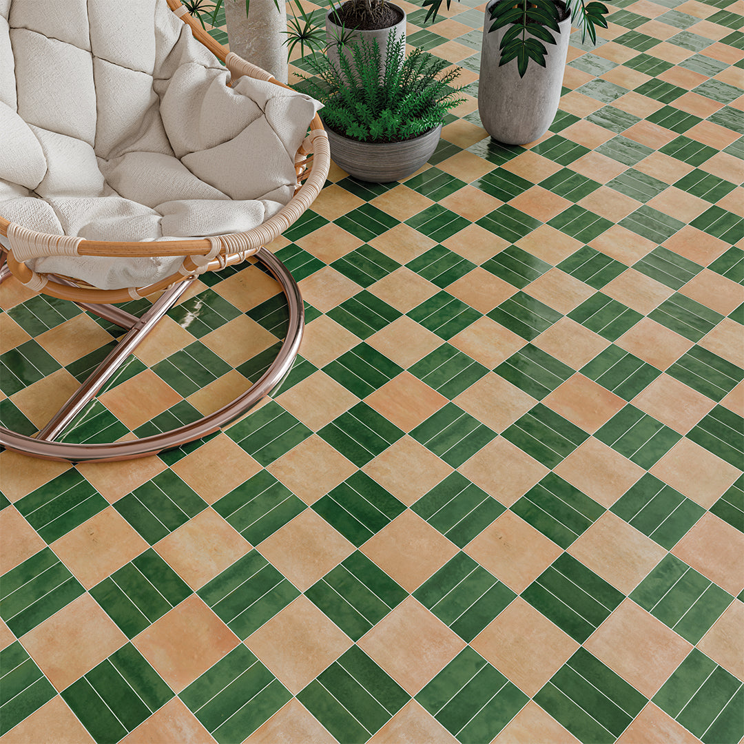 Checkered tile floor with a wicker chair and potted plants