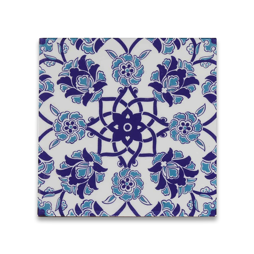 Ceramic tile with blue floral pattern on a white background