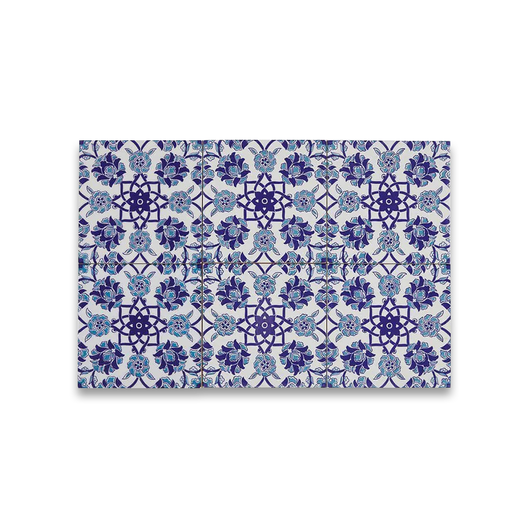 Rectangular placemat with blue floral pattern on a white background