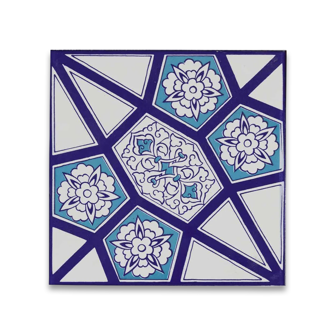 Decorative tile with blue and white floral patterns on a white background