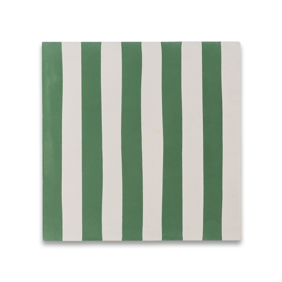 Square cement tile with alternating vertical green and white stripes, creating a clean, minimalist pattern.
