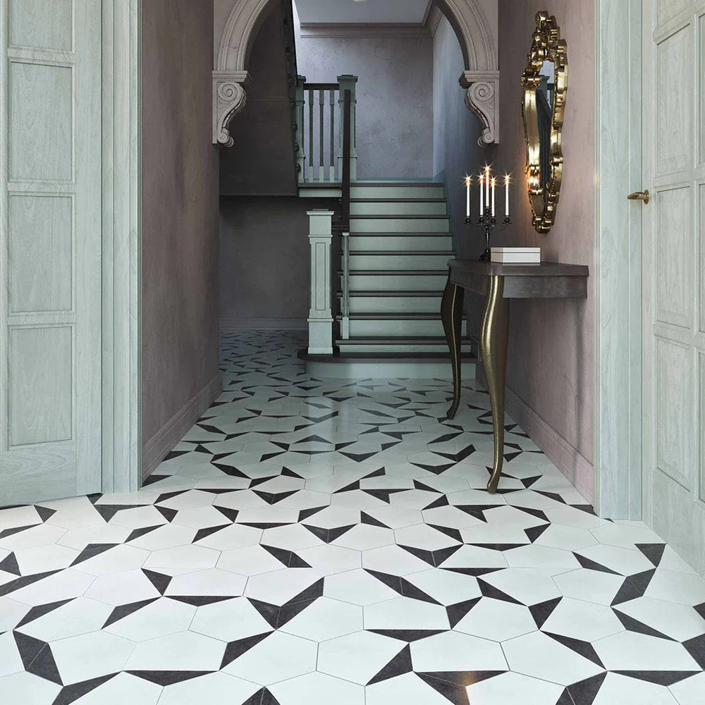 Hexagonal cement tile featuring a two-tone black and white geometric design, minimalist modern aesthetic, matte finish, ideal for contemporary flooring, wall cladding, and architectural interior applications.