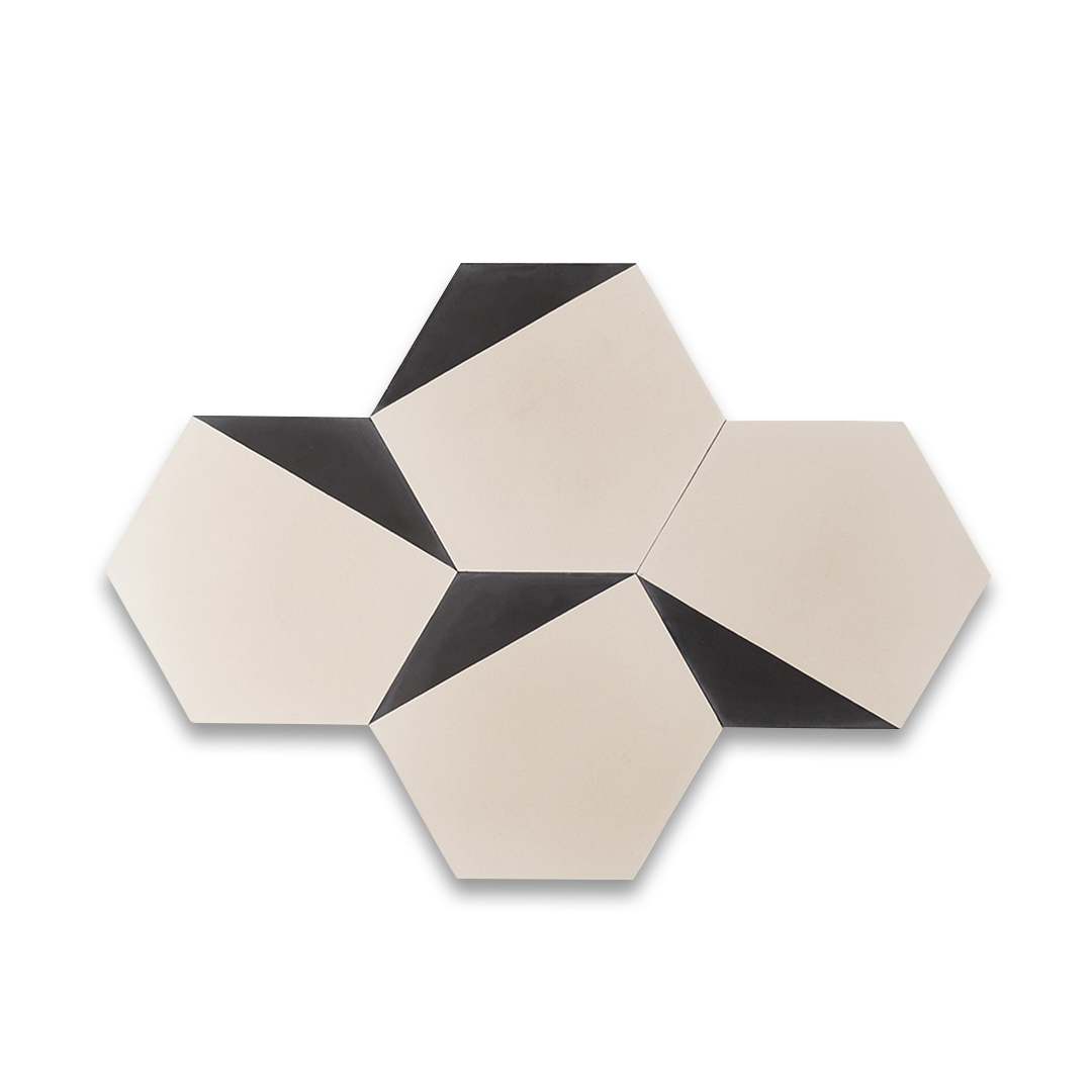 Hexagonal cement tile featuring a two-tone black and white geometric design, minimalist modern aesthetic, matte finish, ideal for contemporary flooring, wall cladding, and architectural interior applications.