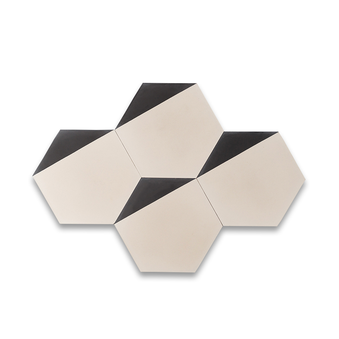 Hexagonal cement tile featuring a two-tone black and white geometric design, minimalist modern aesthetic, matte finish, ideal for contemporary flooring, wall cladding, and architectural interior applications.
