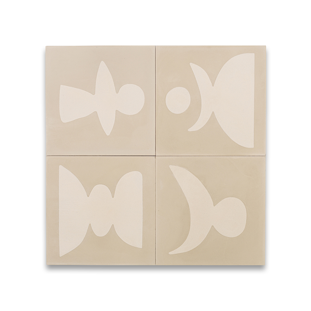 Four beige and cream geometric motifs resembling organic shapes and figures, ideal for modern interiors, artistic flooring, or contemporary wall decor.