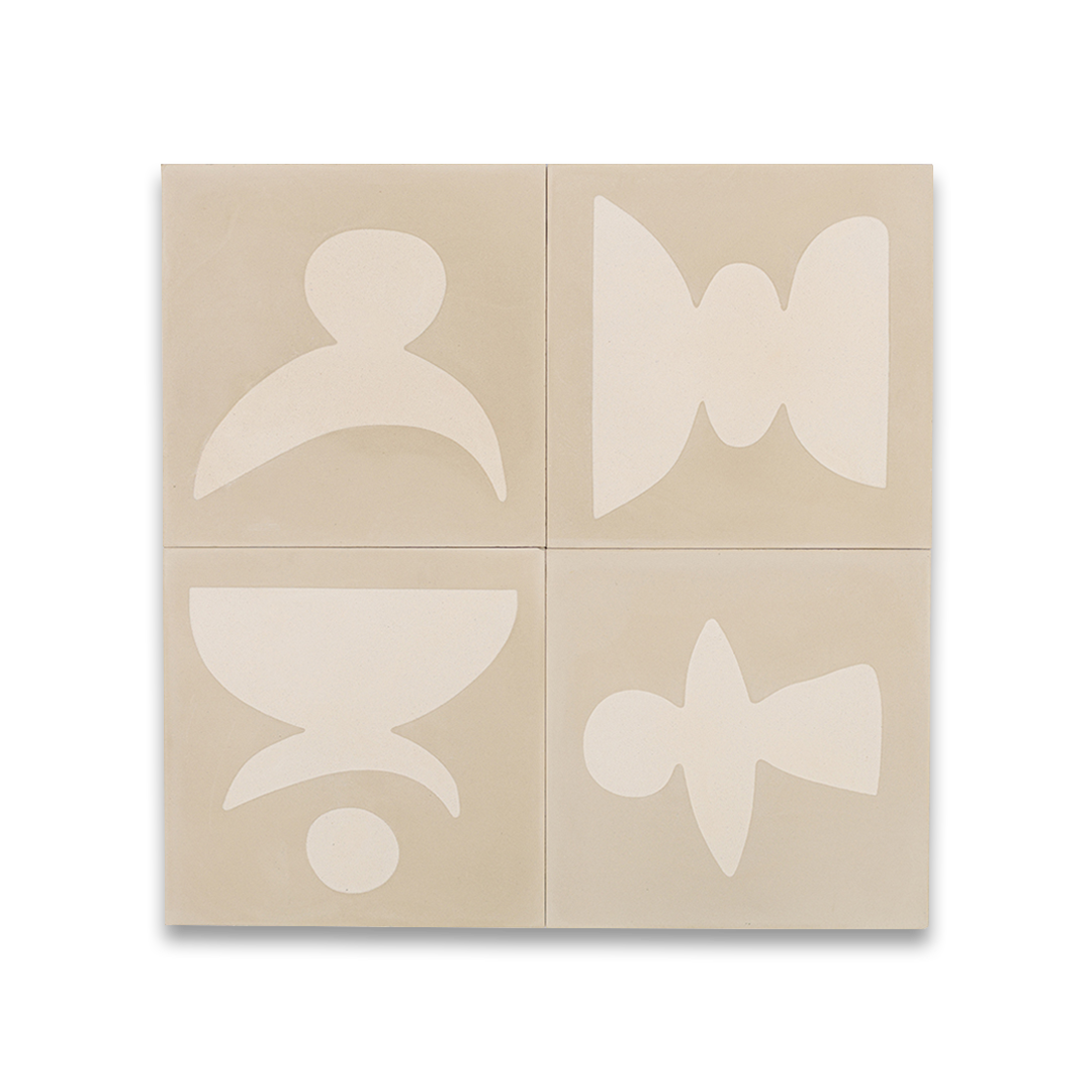Four beige and cream geometric motifs resembling organic shapes and figures, ideal for modern interiors, artistic flooring, or contemporary wall decor.