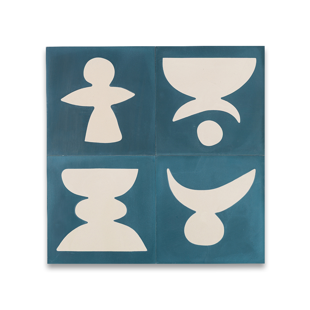 Square blue metro cement tile featuring abstract white geometric shapes with a matte finish, ideal for modern flooring, wall cladding, and contemporary artistic interior design applications.