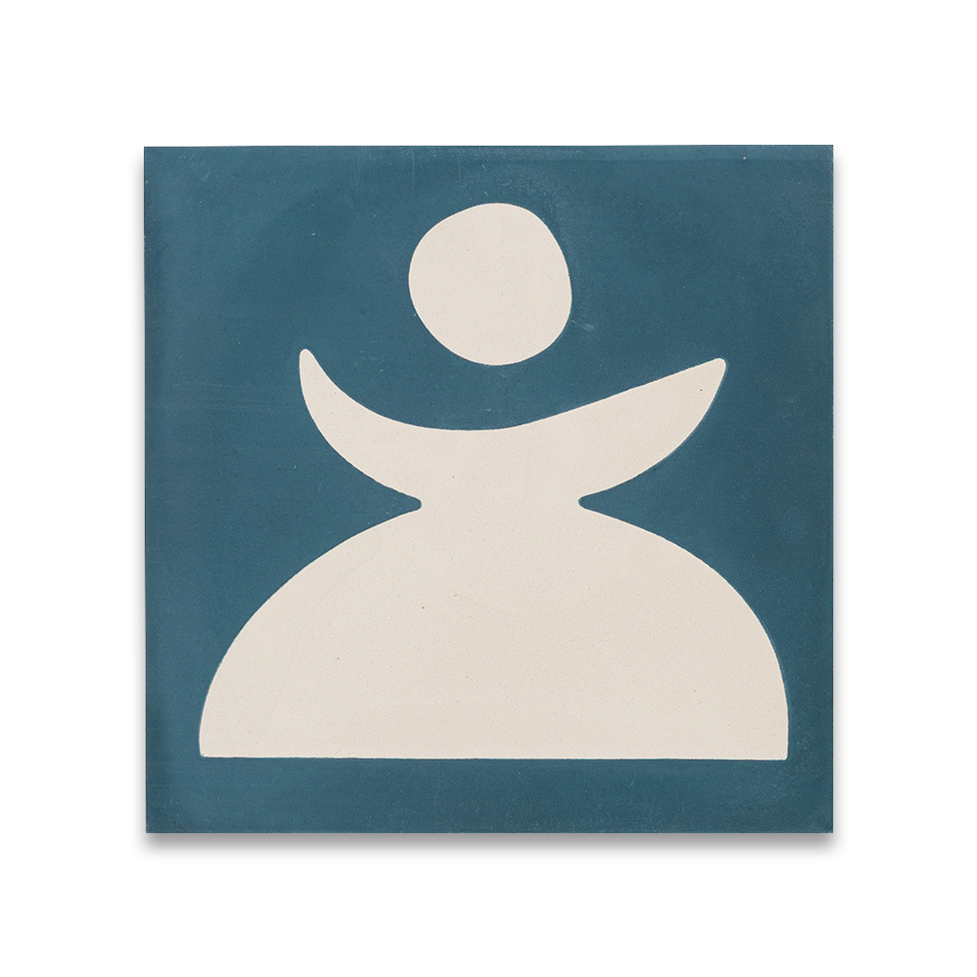 Square blue metro cement tile featuring abstract white geometric shapes with a matte finish, ideal for modern flooring, wall cladding, and contemporary artistic interior design applications.