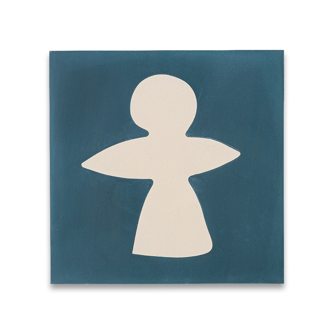 Square blue metro cement tile featuring abstract white geometric shapes with a matte finish, ideal for modern flooring, wall cladding, and contemporary artistic interior design applications.