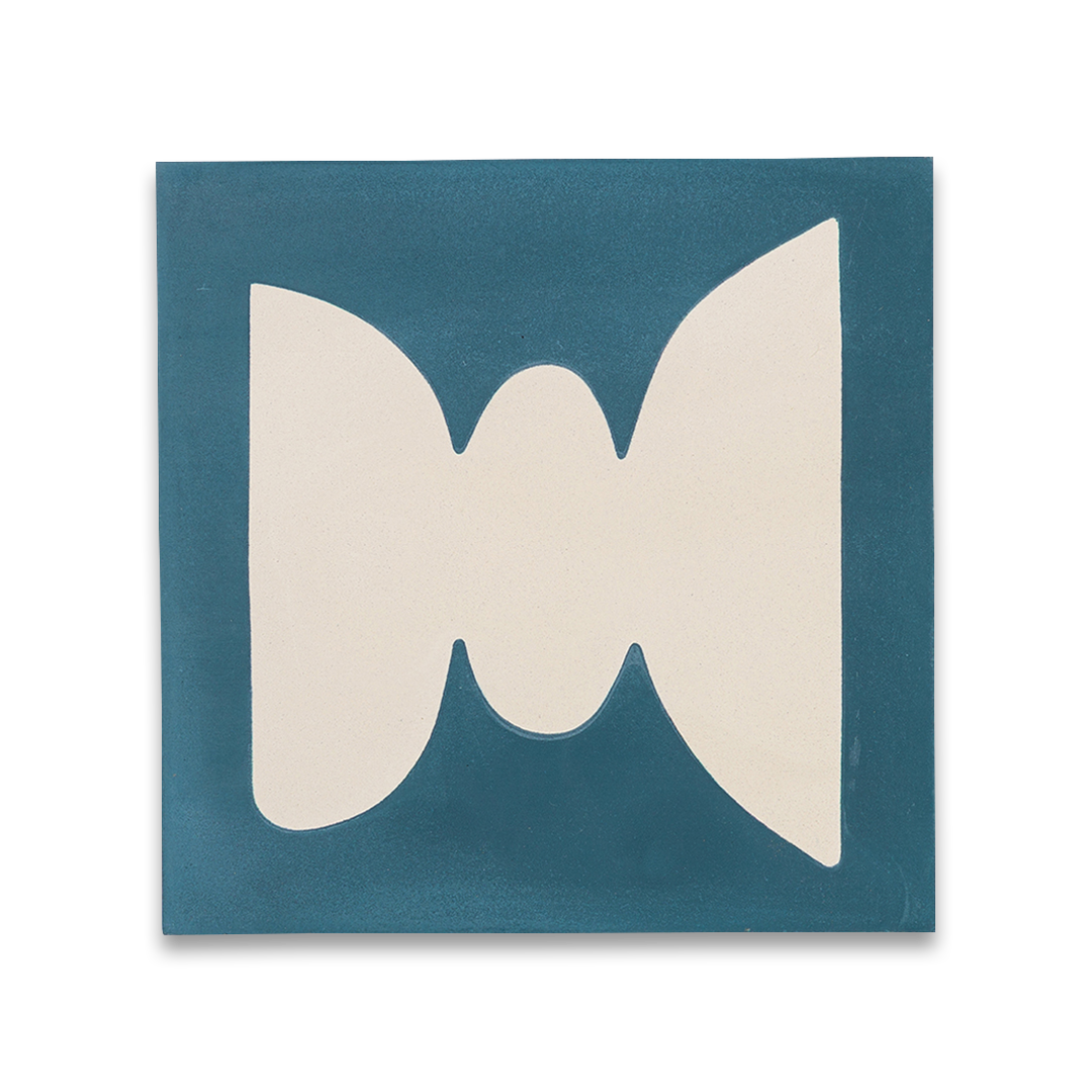 Square blue metro cement tile featuring abstract white geometric shapes with a matte finish, ideal for modern flooring, wall cladding, and contemporary artistic interior design applications.