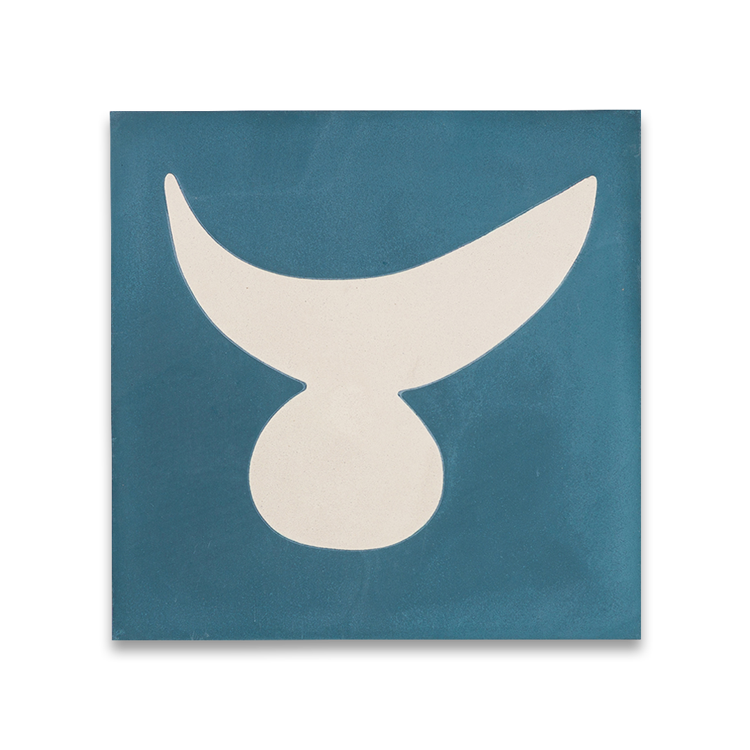 Square blue metro cement tile featuring abstract white geometric shapes with a matte finish, ideal for modern flooring, wall cladding, and contemporary artistic interior design applications.