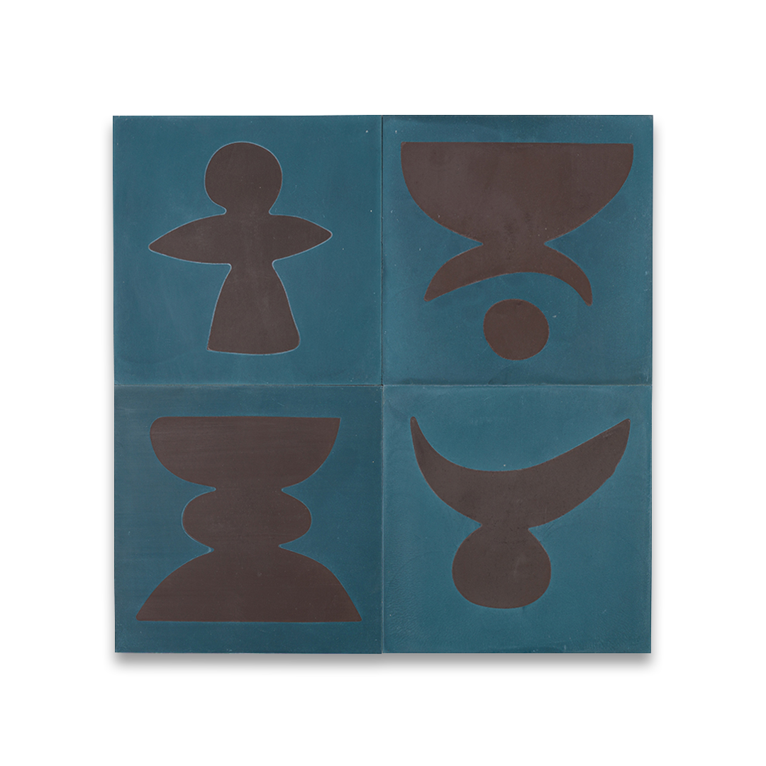 Square blue cement tile featuring bold abstract brown geometric shapes with a matte finish, ideal for artistic flooring, wall cladding, and modern contemporary interior design applications.
