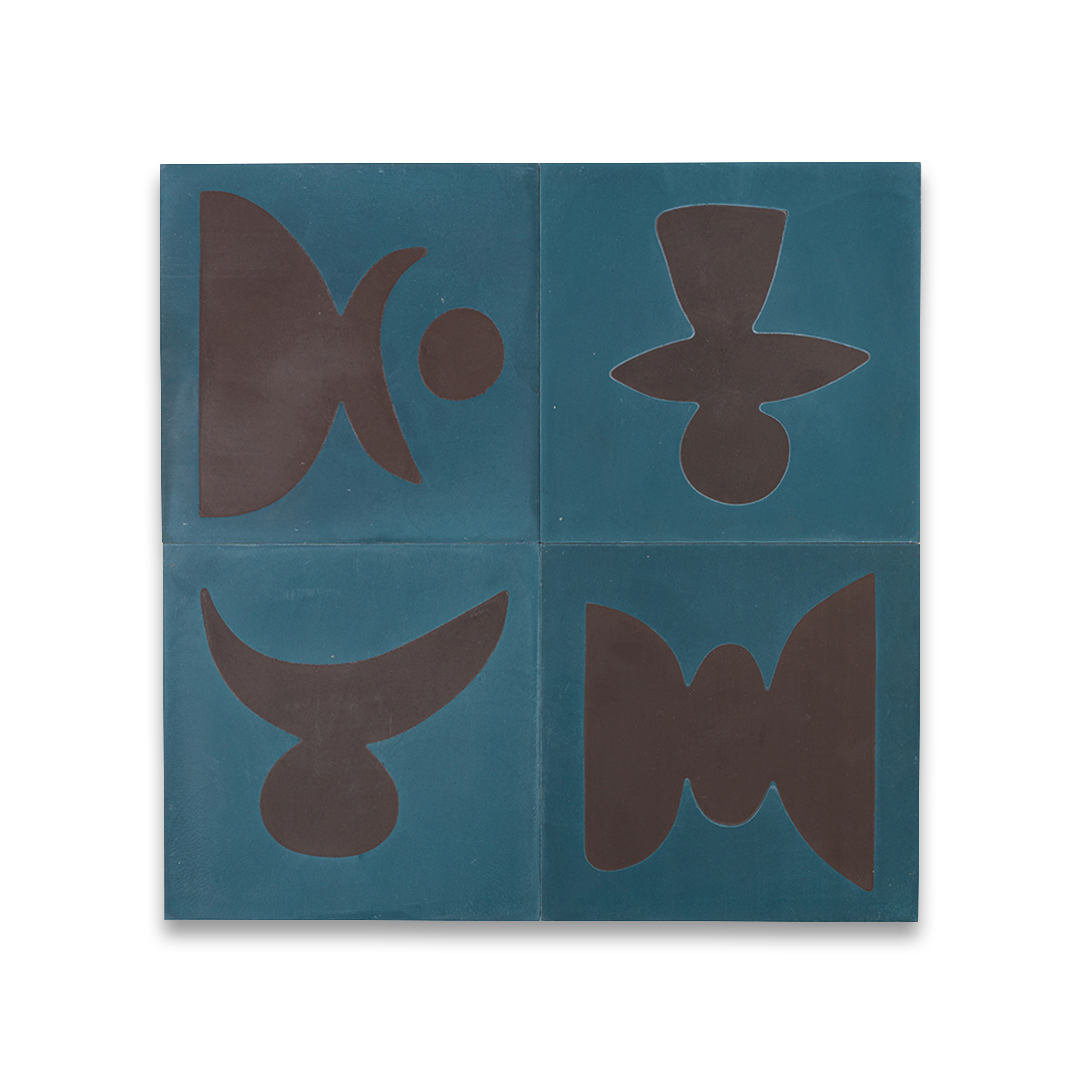 Square blue cement tile featuring bold abstract brown geometric shapes with a matte finish, ideal for artistic flooring, wall cladding, and modern contemporary interior design applications.