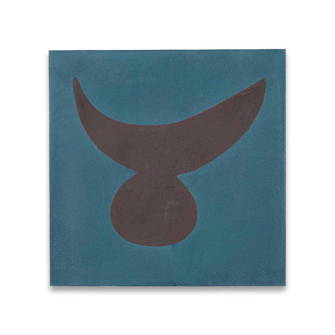 Square blue cement tile featuring bold abstract brown geometric shapes with a matte finish, ideal for artistic flooring, wall cladding, and modern contemporary interior design applications.