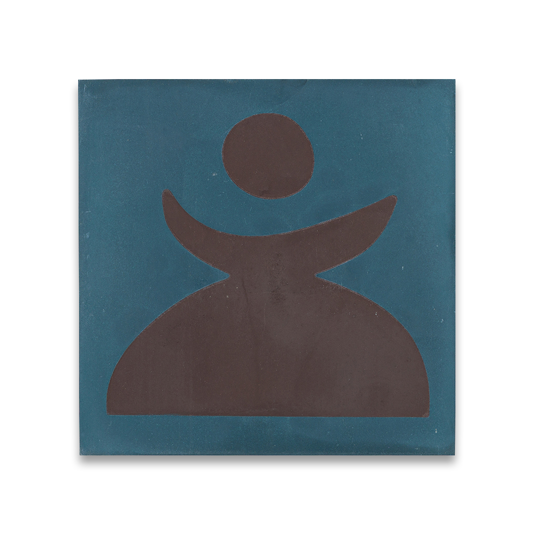 Square blue cement tile featuring bold abstract brown geometric shapes with a matte finish, ideal for artistic flooring, wall cladding, and modern contemporary interior design applications.